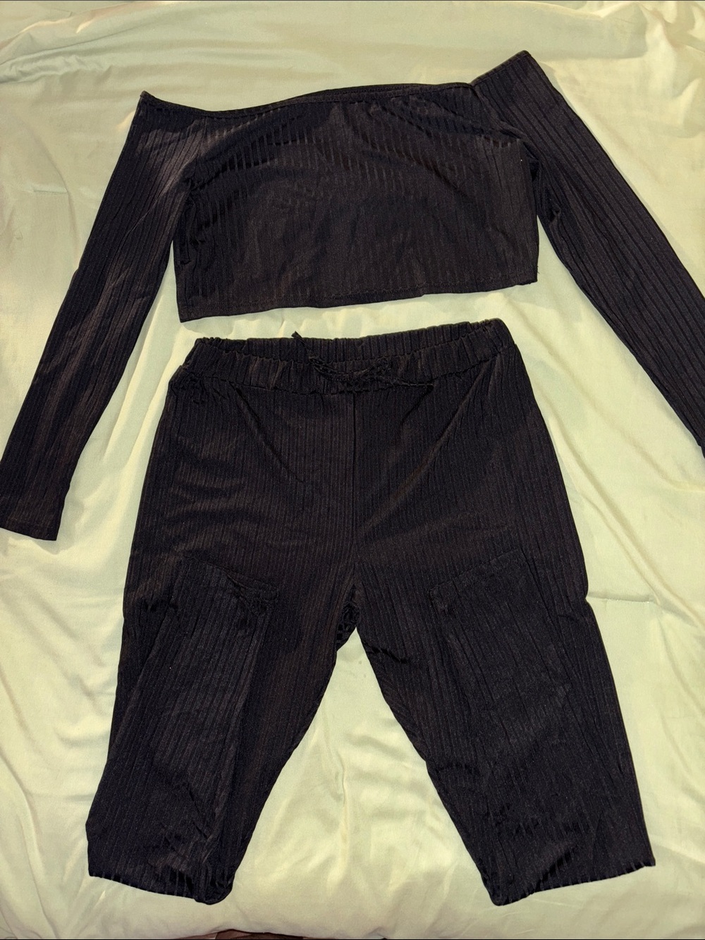Women's Black Ribbed Off-Shoulder Crop Top & High-Waist Pants Set